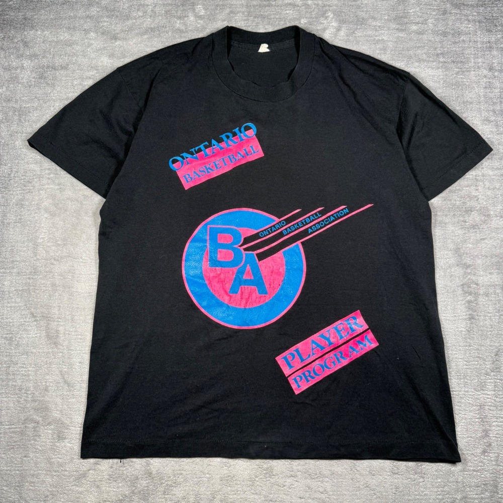 Vintage Ontario Basketball Association Shirt Mens Large Black Neon Single Stitch